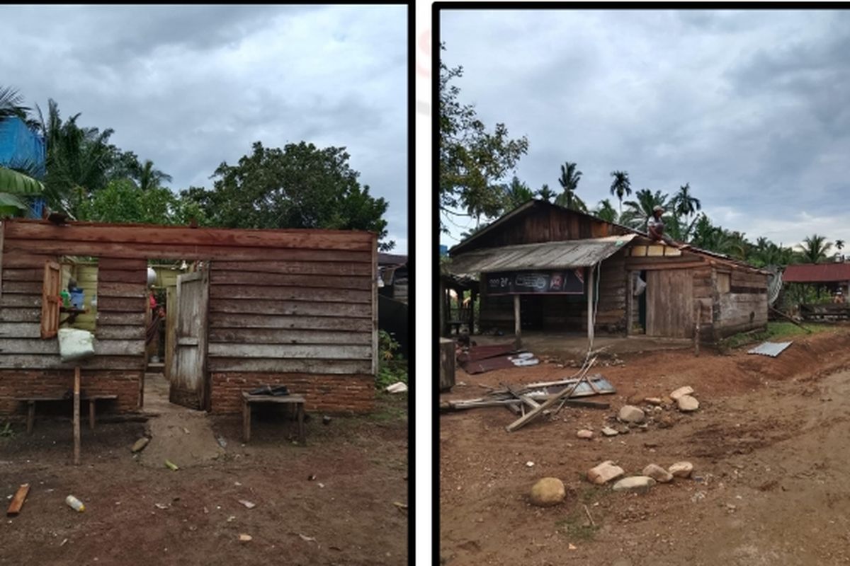 Kondisi rumah warga di Kabupaten Labuhanbatu Utara (Labura) Sumatera Utara rusak parah diterjang angin puting beliung, Rabu (24/9/2025).