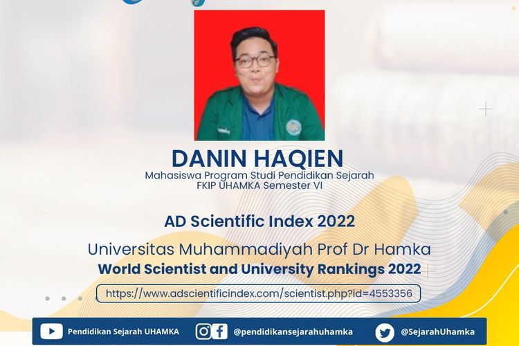 Danin Haqien, mahasiswa FKI Uhamka berhasil masuk dalam AS Scientific Index dari World Science and University Rankings 2022