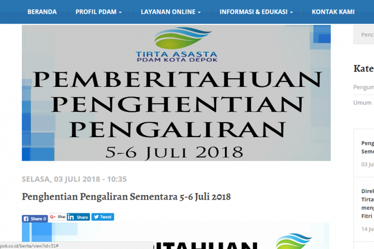 Pemberitahuan penghentian pengaliran di situs PDAM Kota Depok