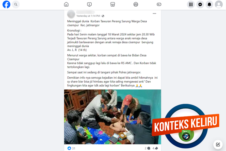 Tangkapan layar konten dengan konteks keliru di sebuah akun Facebook, Rabu (20/3/2024), soal remaja meninggal akibat perang sarung di Desa Cisempur, Jatinangor.