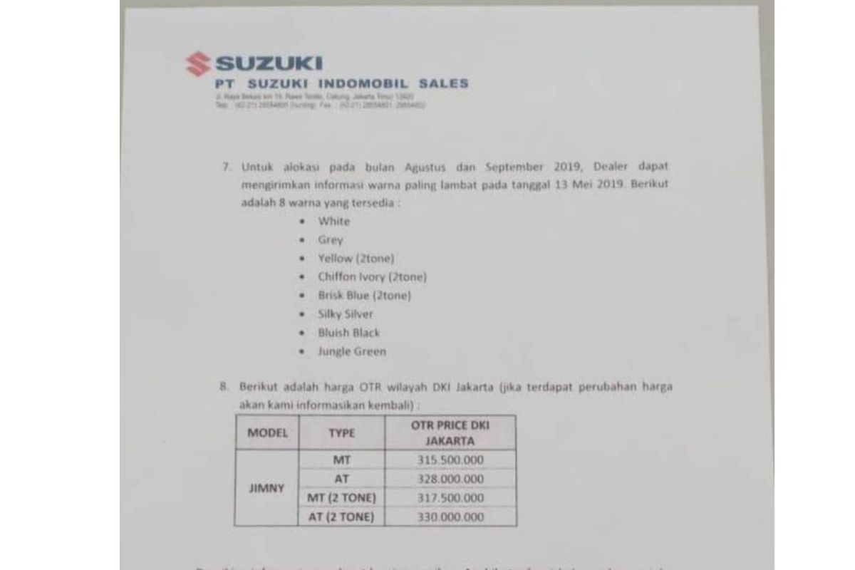Tangkapan layar bocoran harga Suzuki Jimny terbaru