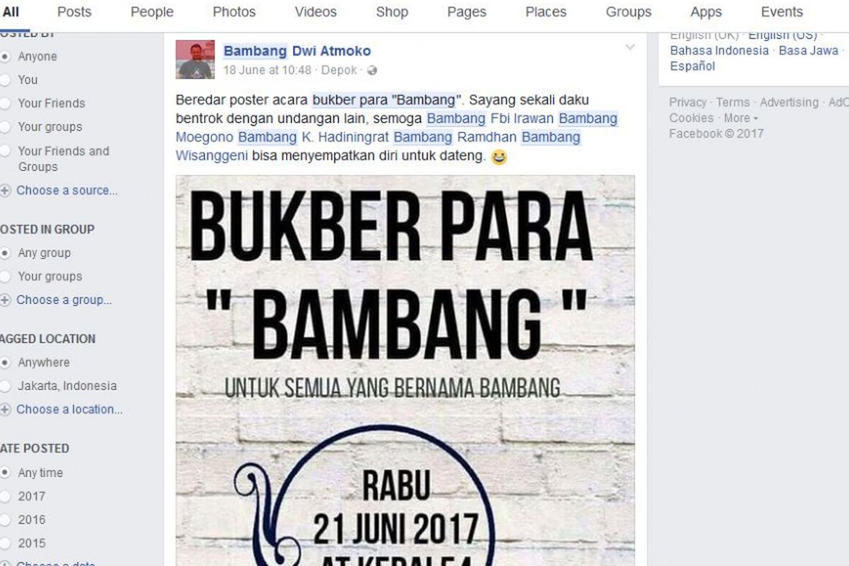 Undangan Bukber Para Bambang yang viral di media sosial, salah satunya di Facebook. 