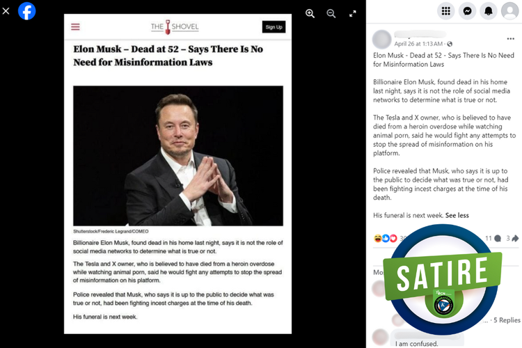 Tangkapan layar konten satire di sebuah akun Facebook, Sabtu (27/4/2024), mengenai kabar Elon Musk meninggal dunia di usia 52.