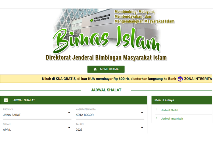 Tangkapan layar jadwal shalat wilayah Kota Bogor dan sekitarnya selama Ramadhan 2023