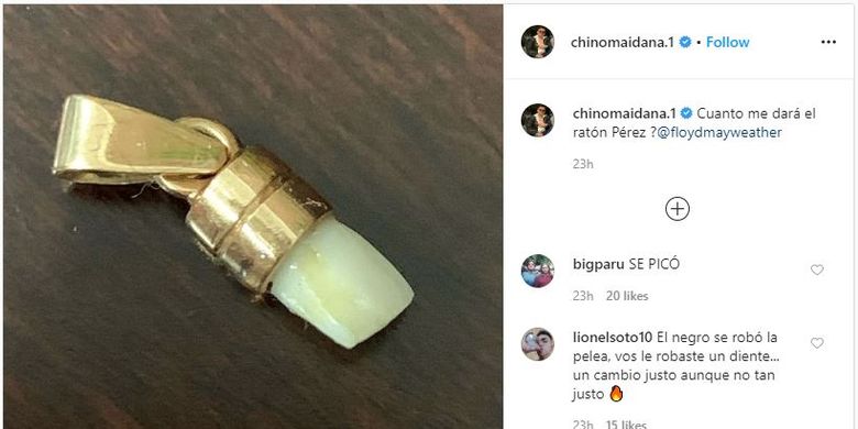 Unggahan di akun Instagram Marcos Maidana yang mengklaim bahwa ia menyimpan gigi Floyd Mayweather Jr dari pertarungan kedua mereka pada September 2014.