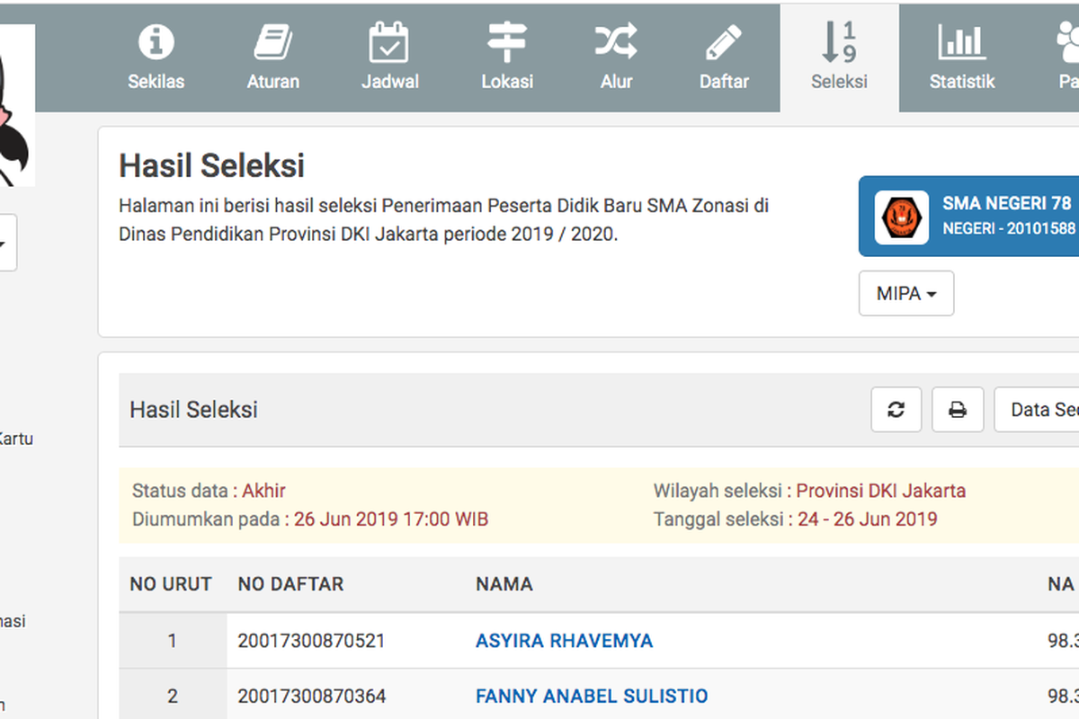 Pengumuman hasil seleksi PPDB 2019 Jalur Zonasi DKI Jakarta sudah dapat diakses hari ini, Rabu (26/6/2019) melalui laman resmi PPDB Online DKI Jakarta.