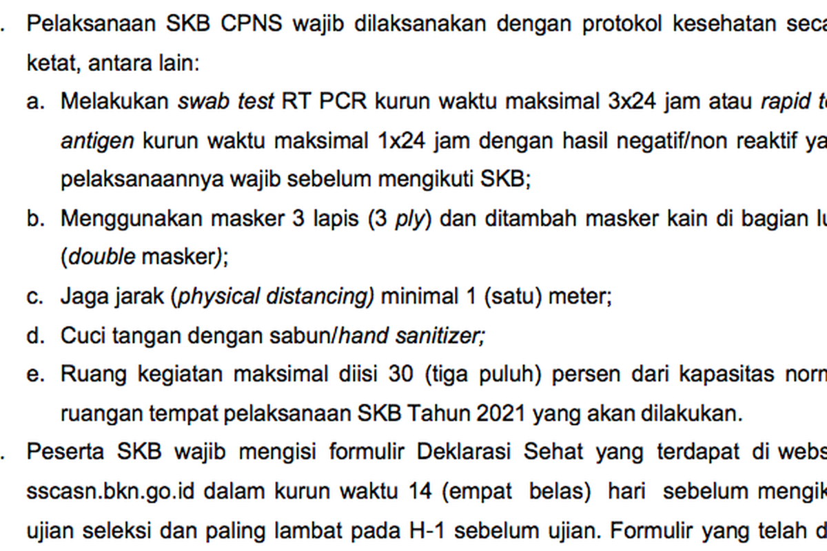 Tangkapan layar ketentuan pelaksanaan SKB CPNS 2021