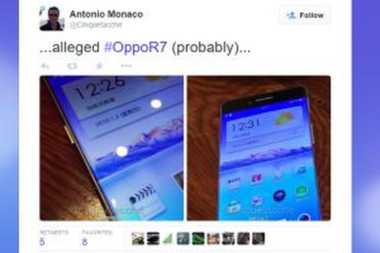 Bocoran foto Oppo R7 yang menampilkan bezel tipis.