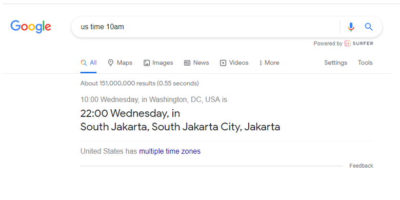 Tangkaan layar fitur tersembunyi Google Search untuk mencocokan zona waktu.
