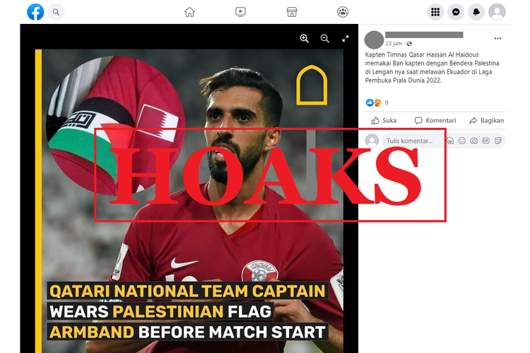 Tangkapan layar unggahan dengan narasi hoaks di sebuah akun Facebook, Selasa (22/11/2022), mengenai kapten timnas Qatar Hassan Al-Haydos memakai ban lengan bendera Palestina.