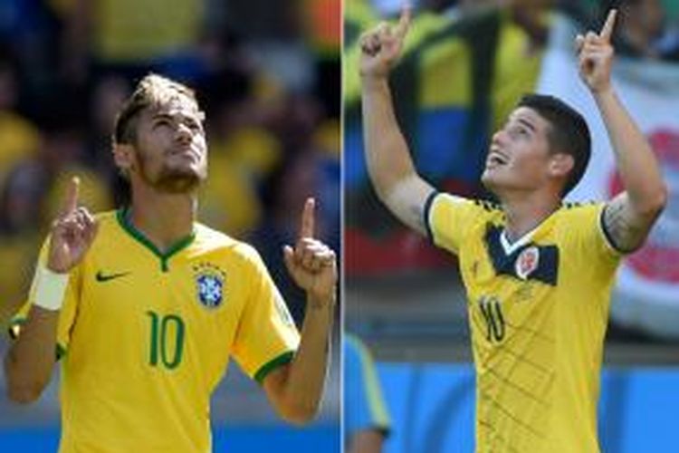 Bintang Brasil, Neymar, dan mesin gol Kolombia, James Rodriguez, akan saling berhadapan pada pertandingan perempat final Piala Dunia, Jumat (7/4/2014). 