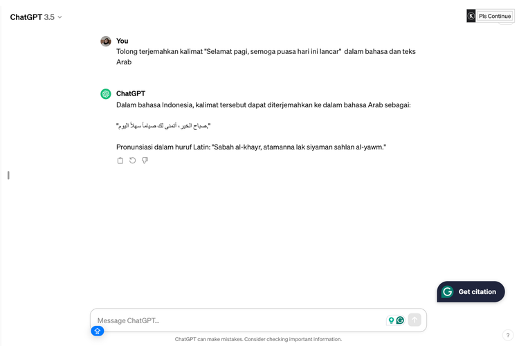 Ilustrasi cara ubah teks Arab di ChatGPT 