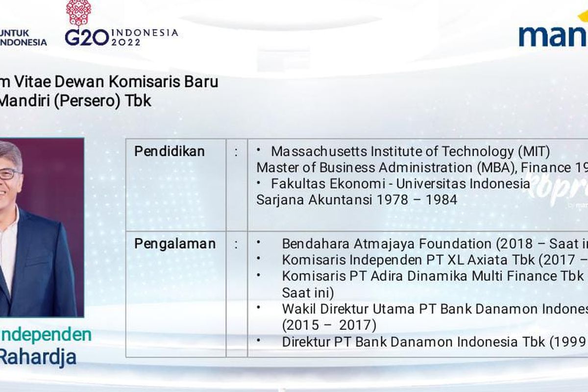 Muliadi Rahardja, Komisaris Independen baru Bank Mandiri yang ditunjuk pada RUPST 10 Maret 2022. 