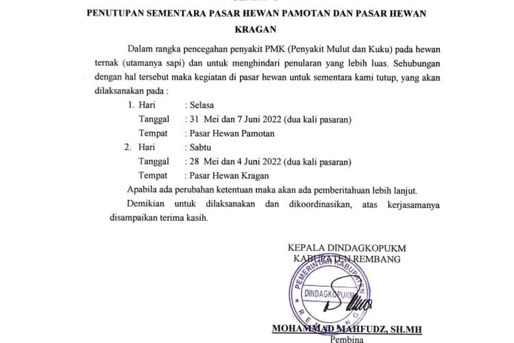 Surat edaran terkait penutupan sementara pasar hewan di Kabupaten Rembang, Jawa Tengah