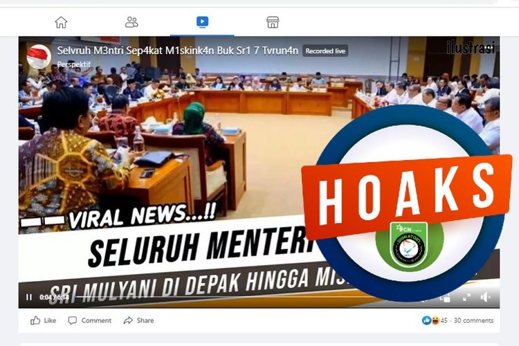 Tangkapan layar Facebook narasi yang menyebut bahwa semua menteri di Kabinet Indonesia Maju dicopot sebagai Menteri Keuangan dan dimiskinkan tujuh turunan