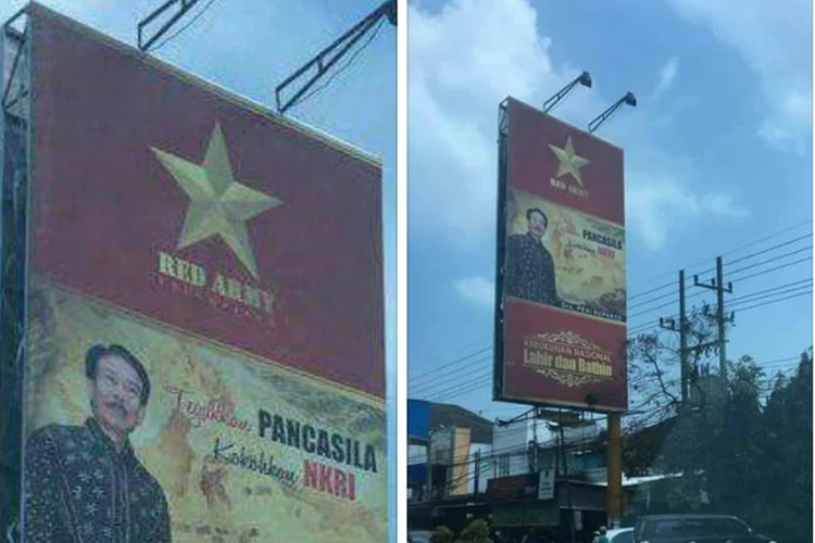 Baliho milik Organisasi Red Army di Kota Malang yang tersebar di media sosial. Baliho tersebut sudah diturunkan menyusul adanya tuduhan komunis.