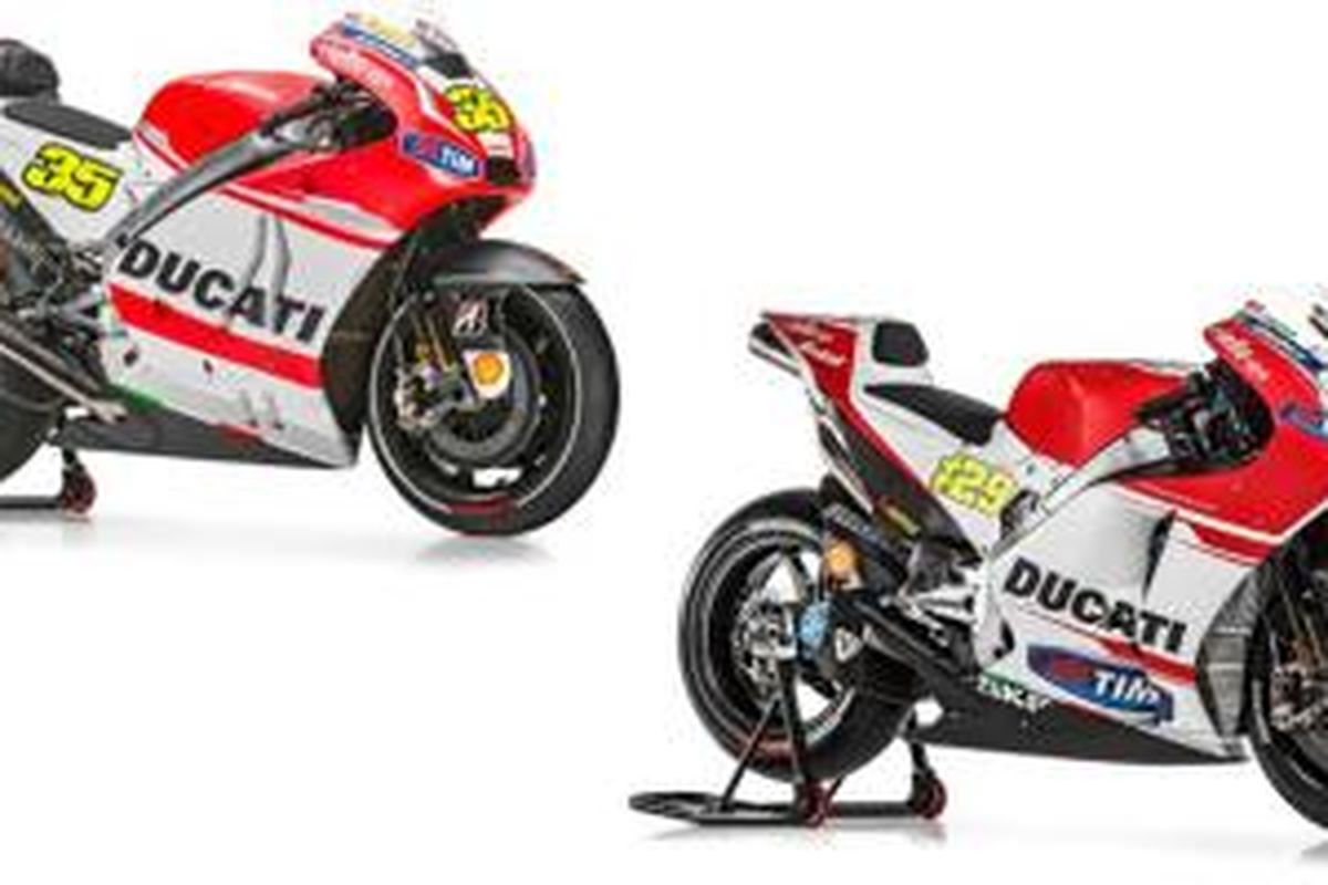 Tampang depan-samping Ducati GP14 (kiri) dan Ducati GP15.