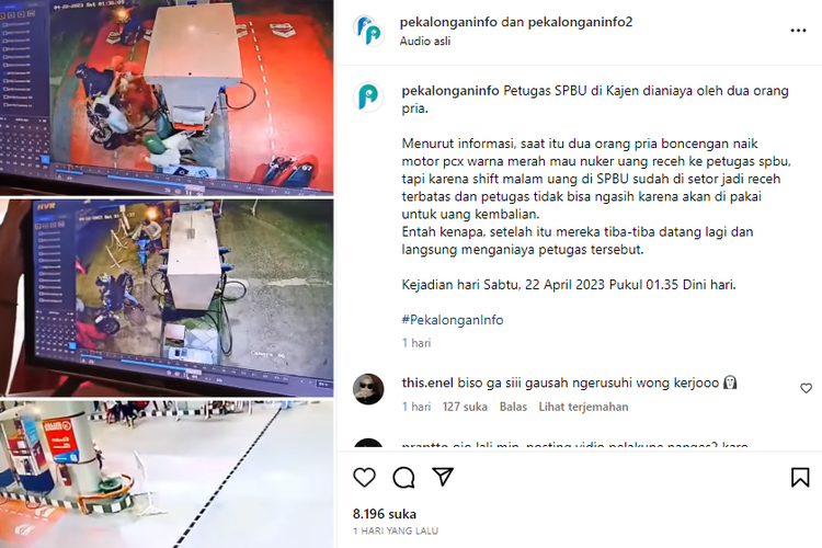 Tangkapan layar unggahan video yang memperlihatkan operator SPBU di Pekalongan dianiaya oleh pria yang hendak menukar uang receh.