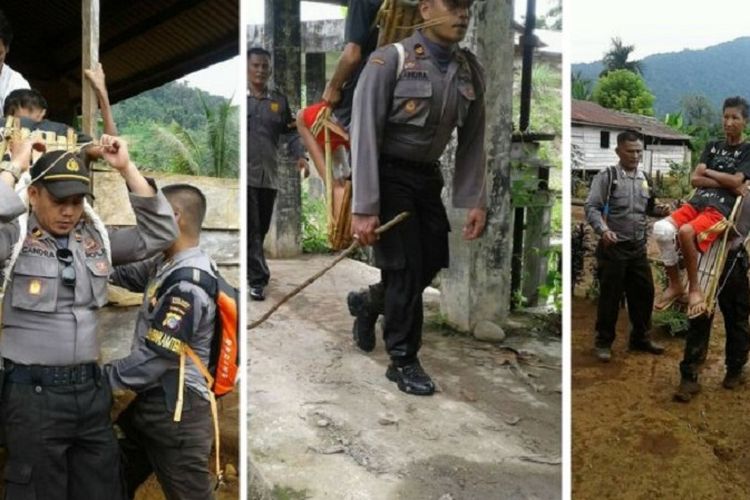 Kapolsek Bunta Iptu Candra saat mengevakuasi warga dari suku terasing di Desa Doda, Kecamatan Bunta.