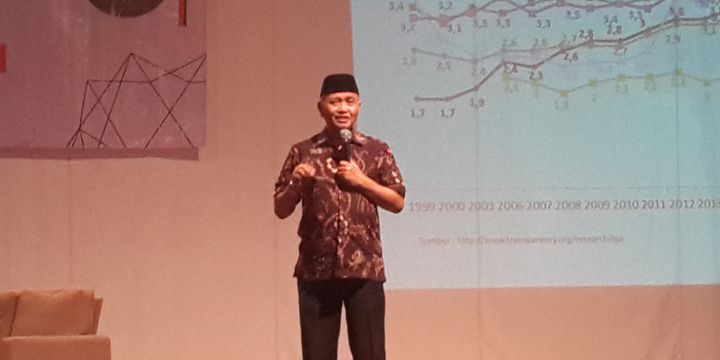 Ketua KPK Agus Rahardjo saat menjadi pembicara dalam Diskusi Terbuka Korupsi dan Pesta Demokrasi di Indonesia di Universitas Brawijaya, Kota Malang, Jumat (4/5/2018).