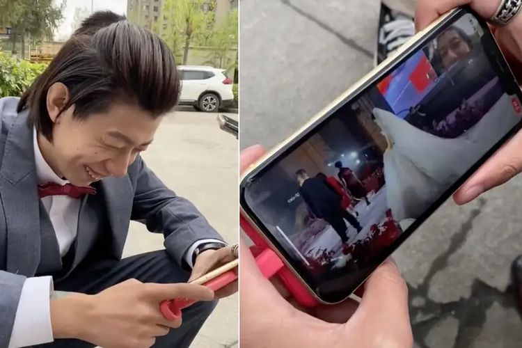Seorang pengantin di China terpaksa menonton pernikahannya sendiri secara live streaming dari ponselnya, karena perubahan mendadak dalam aturan pengujian Covid-19 pada Selasa (26/4/2022).