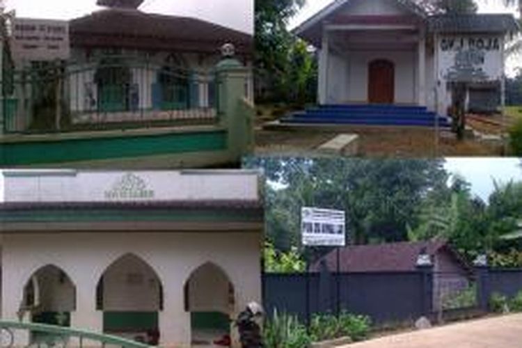 Empat Rumah Ibadah berdiri berdampingan. Dari foto ada Masjid, Gereja, Musholla dan Pura