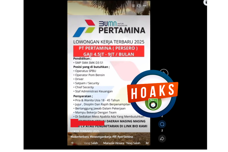 Tangkapan layar Facebook lowongan kerja mengatasnamakan Pertamina pada Mei 2025