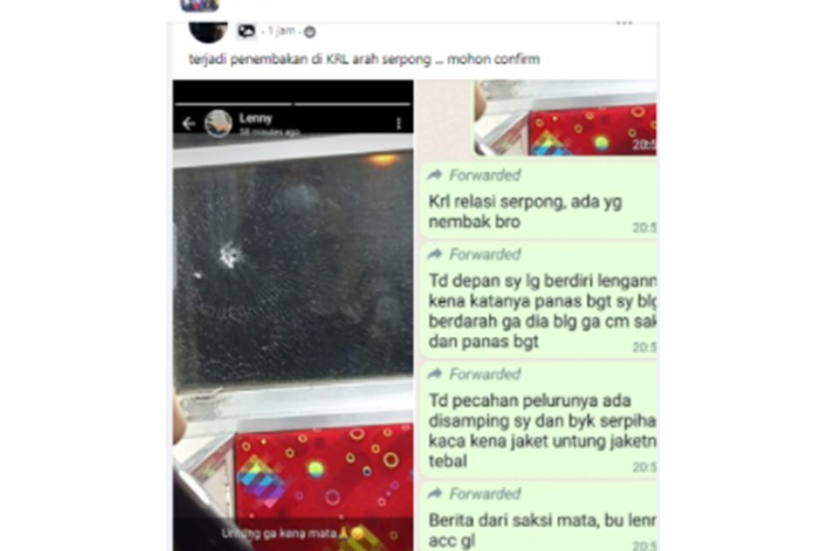 Tangkapan layar unggahan yang menampilkan foto bekas penembakan di kaca kereta rel listrik (KRL) arah Serpong, Tangerang Selatan.