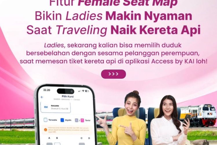 Tampilan fitur female seat map pada aplikasi Access by KAI yang memungkinkan penumpang perempuan memilih kursi berdekatan dengan sesama perempuan.