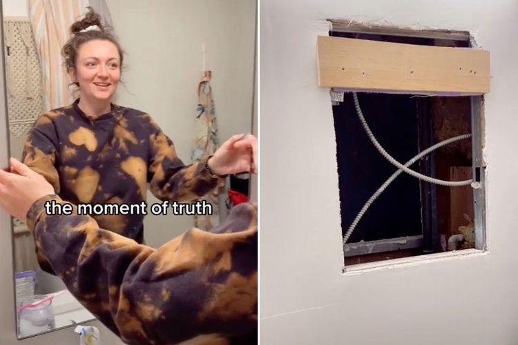 TikToker Samantha Hartsoe menemukan ruang rahasia yang tersembunyi di balik cermin kamar mandi apartemennya. [@samanthartsoe/TikTok Via New York Post] (@samanthartsoe/TikTok Via New York Post )