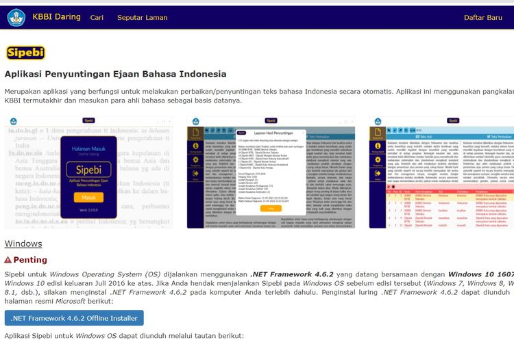 Tangkapan layar aplikasi penyunting ejaan Bahasa Indonesia, Sipebi