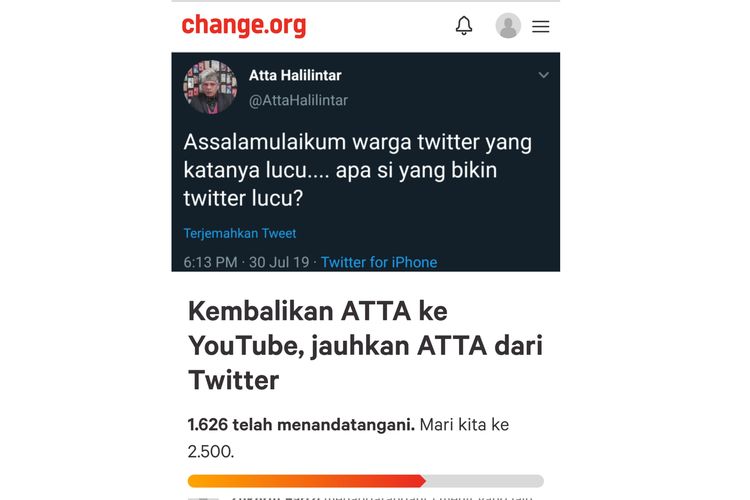 Petisi kembalikan Atta Halilintar ke YouTube di situs change.org.