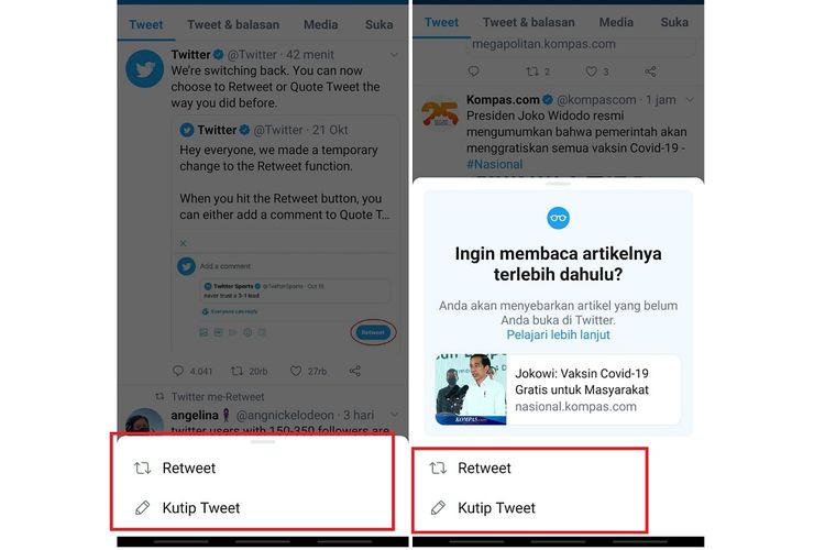 Fitur retweet kembali seperti semula. Twitter juga menyarankan pengguna untuk membaca artikel lebih dulu sebelum me-retweet.