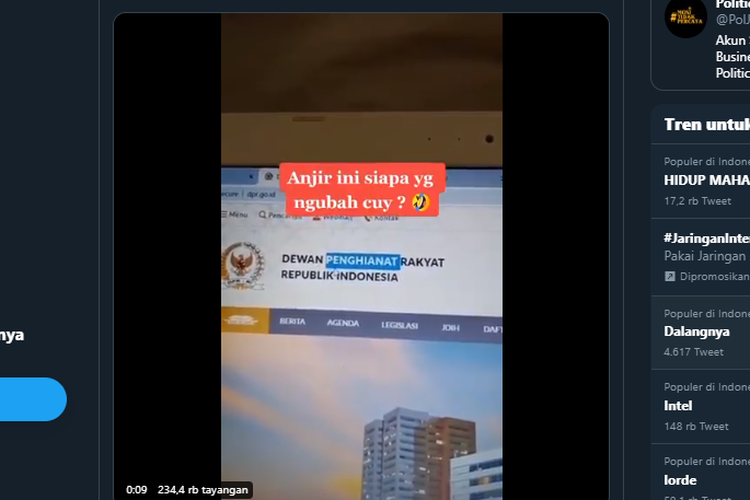 Tangkapan layar video adanya peretasan pada situs resmi DPR.