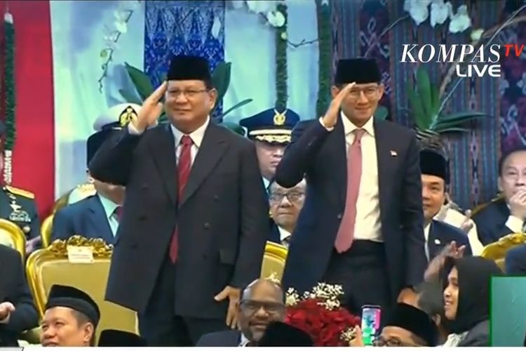 Capres dan cawapres dalam Pemilu Presiden 2019, Prabowo Subianto-Sandiaga Uno hadir dalam pelantikan presiden dan wapres terpilih, Joko Widodo dan Ma'ruf Amin pada Minggu (20/10/2019).
