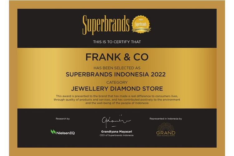 Sertifikat penghargaan internasional Superbrands yang didapatkan Frank & co. sebagai gerai perhiasan nomor 1 di Indonesia. 