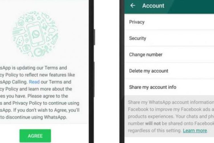 Opsi untuk menonaktifkan pilihan penyerahan data ke Facebook di aplikasi WhatsApp.