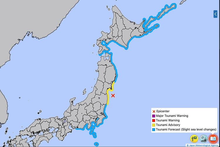 Sebuah gempa berkekuatan M 7,3 melanda prefektur timur laut Miyagi dan Fukushima pada Rabu malam, mencatatkan 6 kuat pada skala seismik Jepang. | 