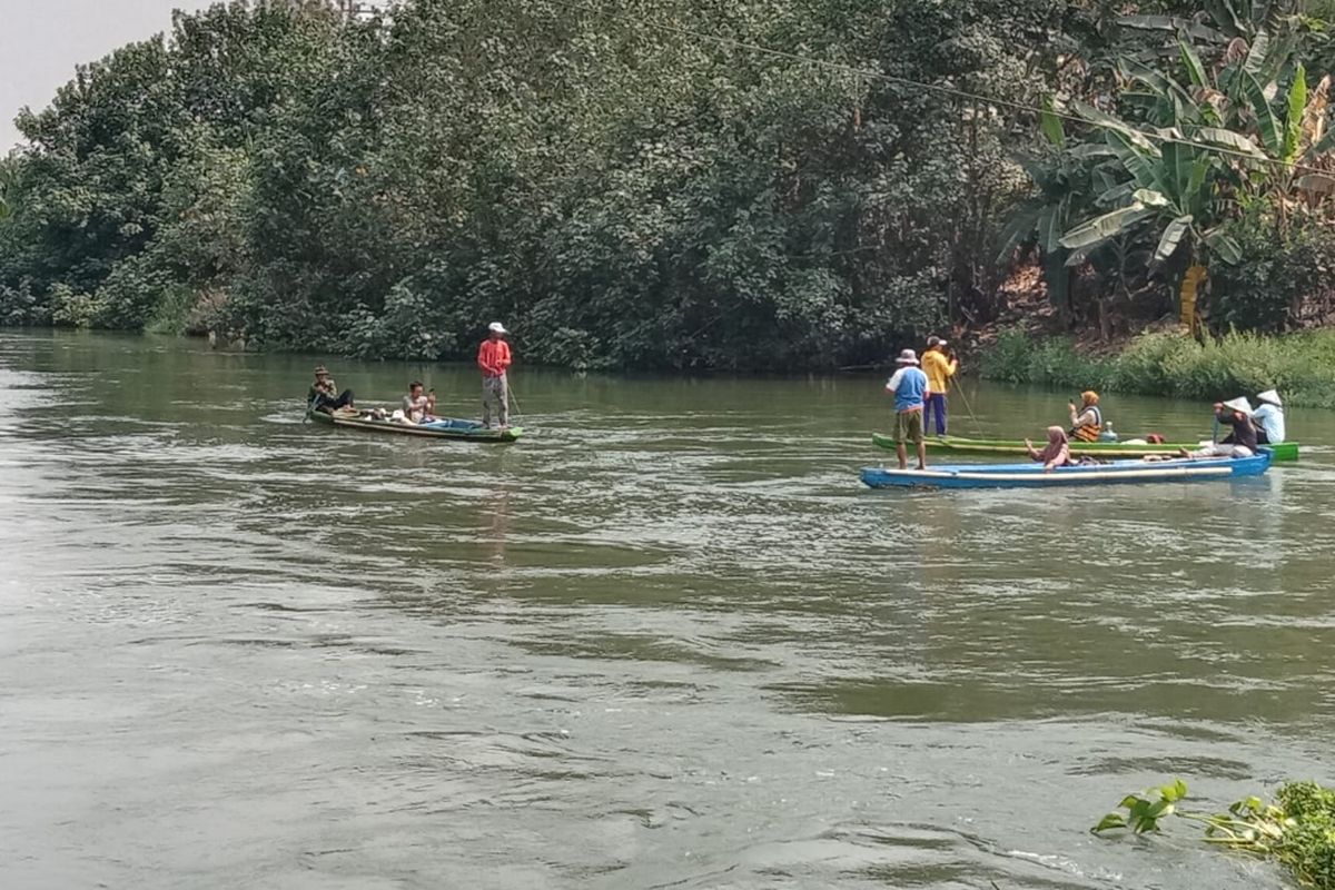 Aktivis Ecoton melakukan sensus ikan di Sungai Surabaya, salah satu aliran sungai pecahan Sungai Brantas, di Kabupaten Mojokerto, Jawa Timur, Sabtu (7/10/2023).