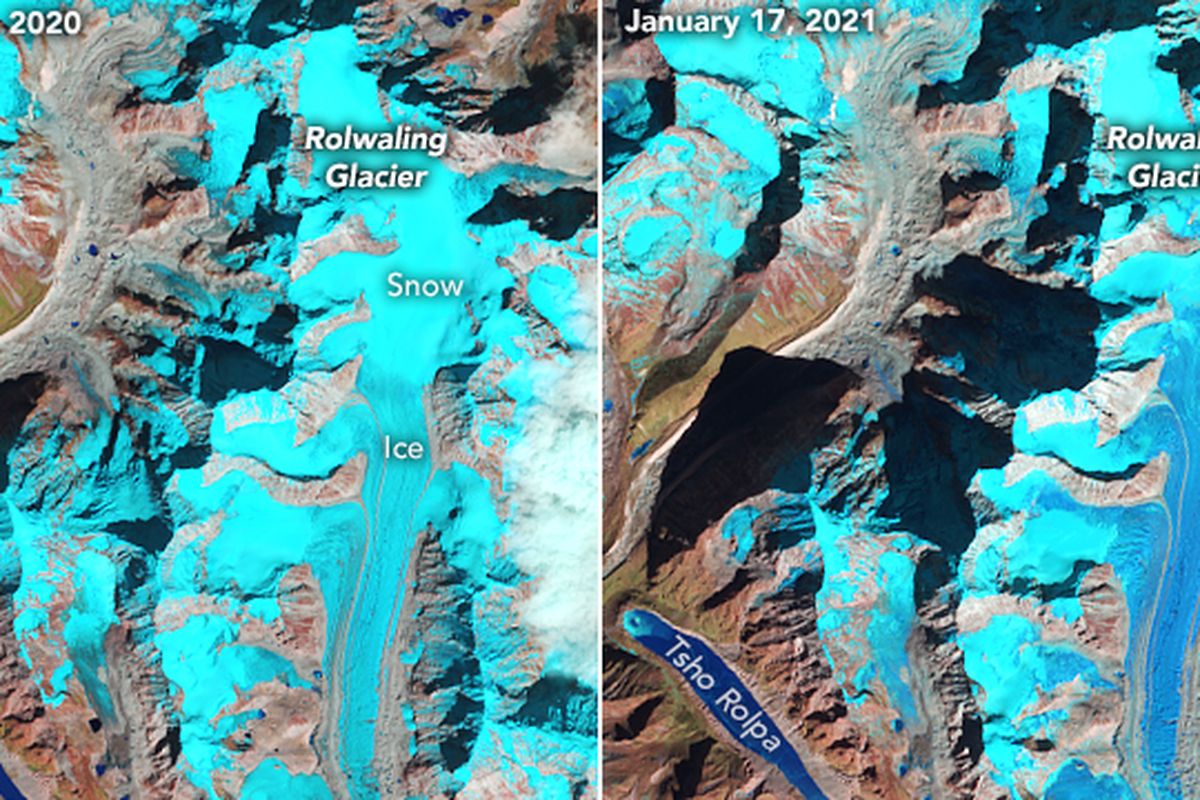 Gambar gletser Himalaya tanpa lapisan salju baru. Pada bulan Januari, pegunungan Himalaya selalu diselimuti salju baru, tapi pada Januari 2021, hujan salju baru tidak turun.