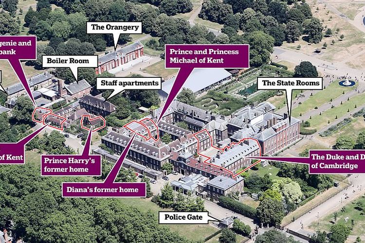 Kompleks Istana Kensington yang saat ini ditinggali oleh lebih dari 10 anggota Keluarga Kerajaan Inggris, dan telah dipakai sejak tahun 1600. 