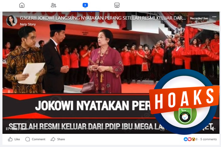 Tangkapan layar Facebook narasi yang menyebut Jokowi menyatakan perang kepada PDI-P