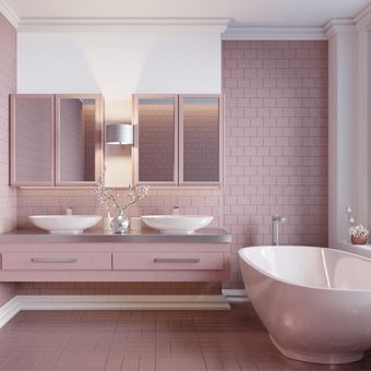 ilustrasi kamar mandi berwarna pink pastel