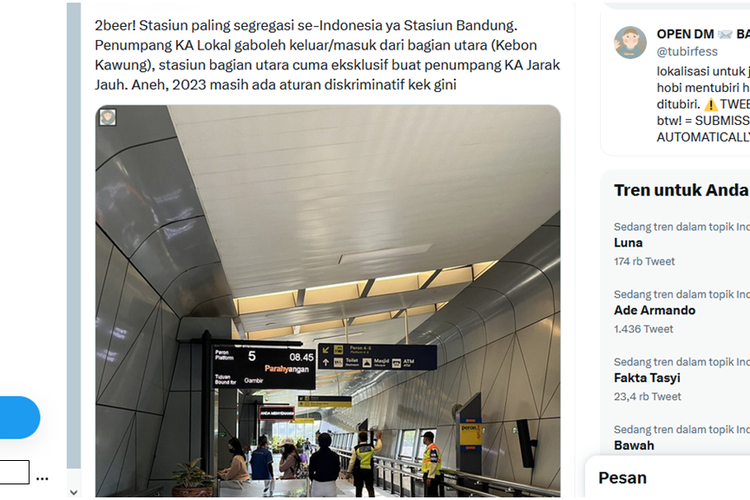 Tangkapan layar unggahan mengenai aturan akses keluar masuk berbeda antara penumpang kereta api (KA) lokal dengan jarak jauh di Stasiun Bandung disebut dikriminatif