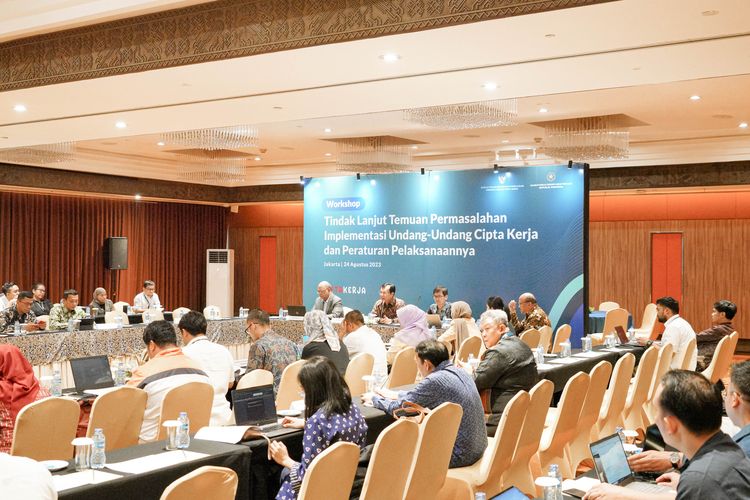 Satuan Tugas (Satgas) Percepatan Sosialisasi Undang-undang Cipta Kerja (UU Ciptaker/UUCK) menggelar workshop bertajuk ?Tindak Lanjut Temuan Permasalahan Implementasi Undang-undang Cipta Kerja dan Peraturan Pelaksanaanya,? di Jakarta, Kamis (23/8/2023).