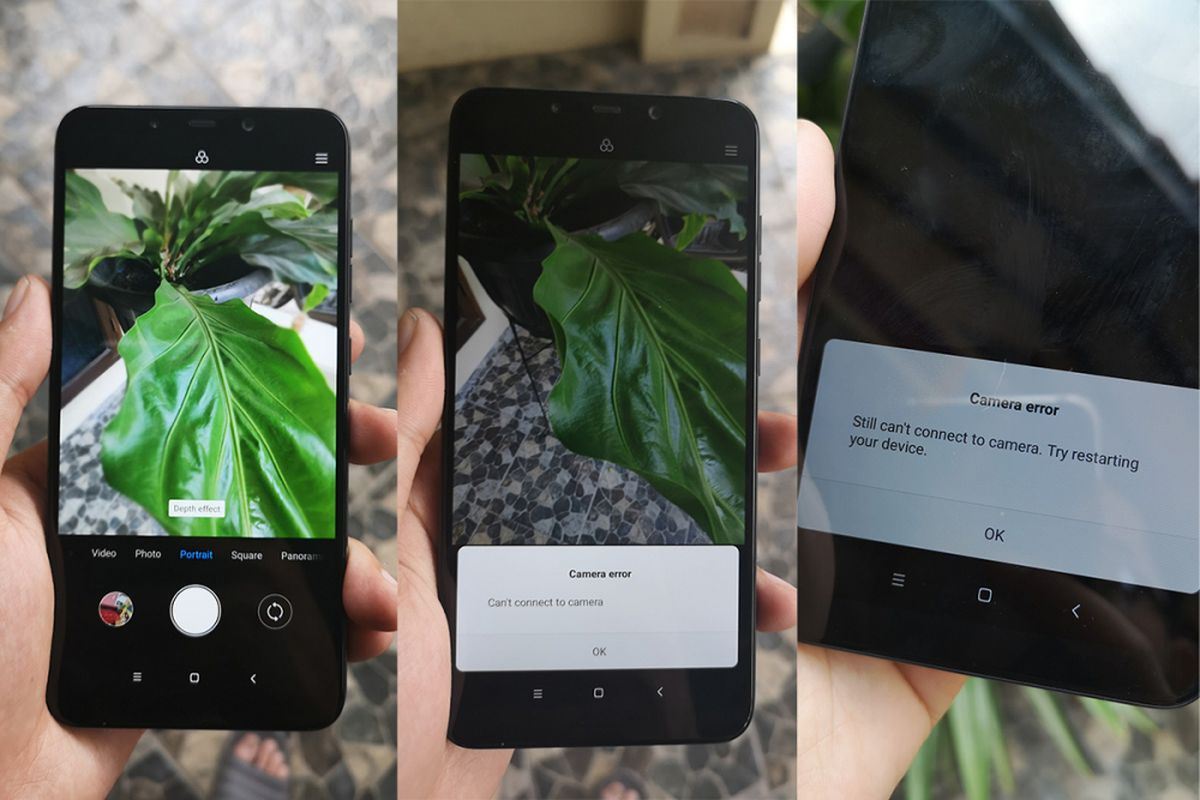 Unit sample Pocophone F1 KompasTekno mengalami freeze saat aplikasi kamera diubah ke mode Portrait. Gambar preview membeku meski kamera telah diarahkan ke subyek lain (foto kiri). Setelah beberapa lama muncul pesan error (foto tengah). Sebelum pesan error muncul, kamera masih bisa dipulihkan dengan mengganti mode. Pesan error akan menutup aplikasi kamera. Setelah tertutup, aplikasi kamera kadang bisa dibuka kembali, atau kadang tidak mau berjalan serta hanya menampilkan layar review gelap beserta pesan error. 
