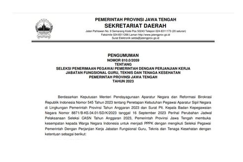 Pemprov Jateng Umumkan 2.200 Formasi PPPK 2023, Ini Kriteria dan Rinciannya...