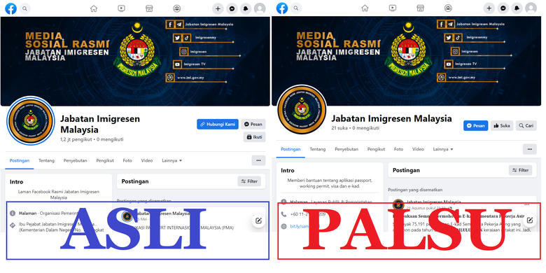 Tangkapan layar perbandingan asli dan palsu dari akun Facebook Jabatan Imigresen Malaysia.