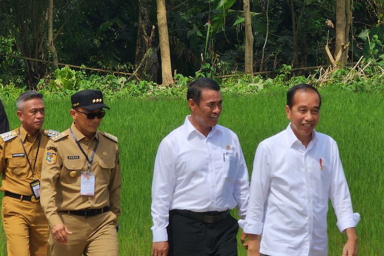 Presiden Joko Widodo (Jokowi) didampingi Menteri Pertanian (Mentan) Andi Amran Sulaiman meninjau pelaksanaan program pompanisasi Kementerian Pertanian (Kementan) di Kabupaten Bone, Sulawesi Selatan (Sulsel). 
