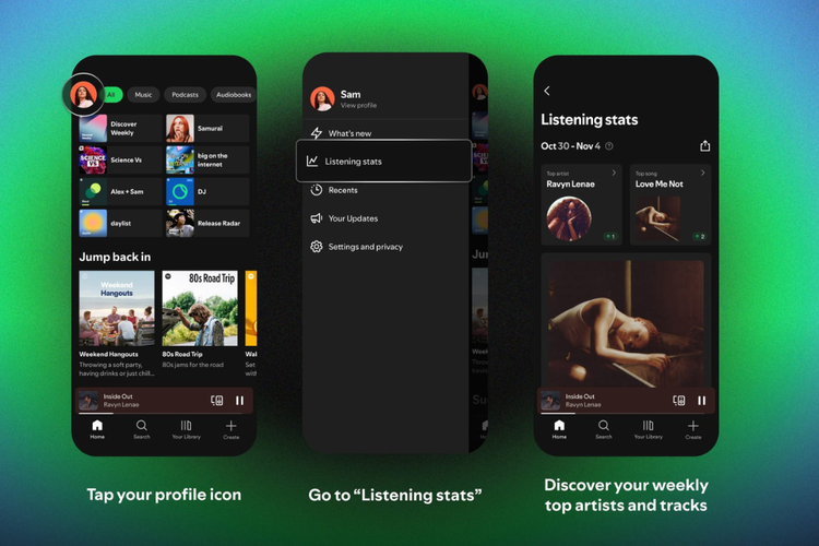Cara mengakses fitur Listening Stats di aplikasi Spotify. 